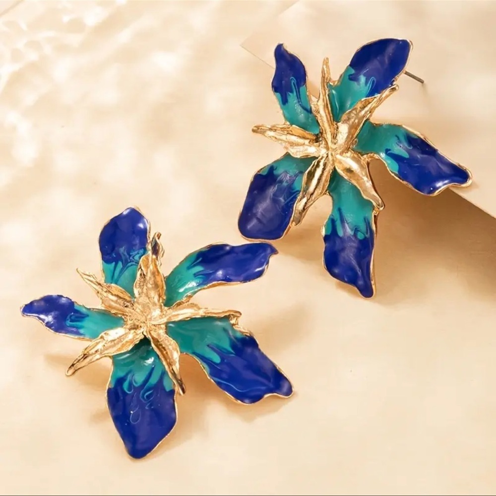Blue and Gold Floral Earrings